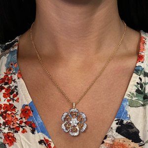 Luca Carati 18K Rose & White Gold Diamond Flower Pendant Necklace 1.11Cttw